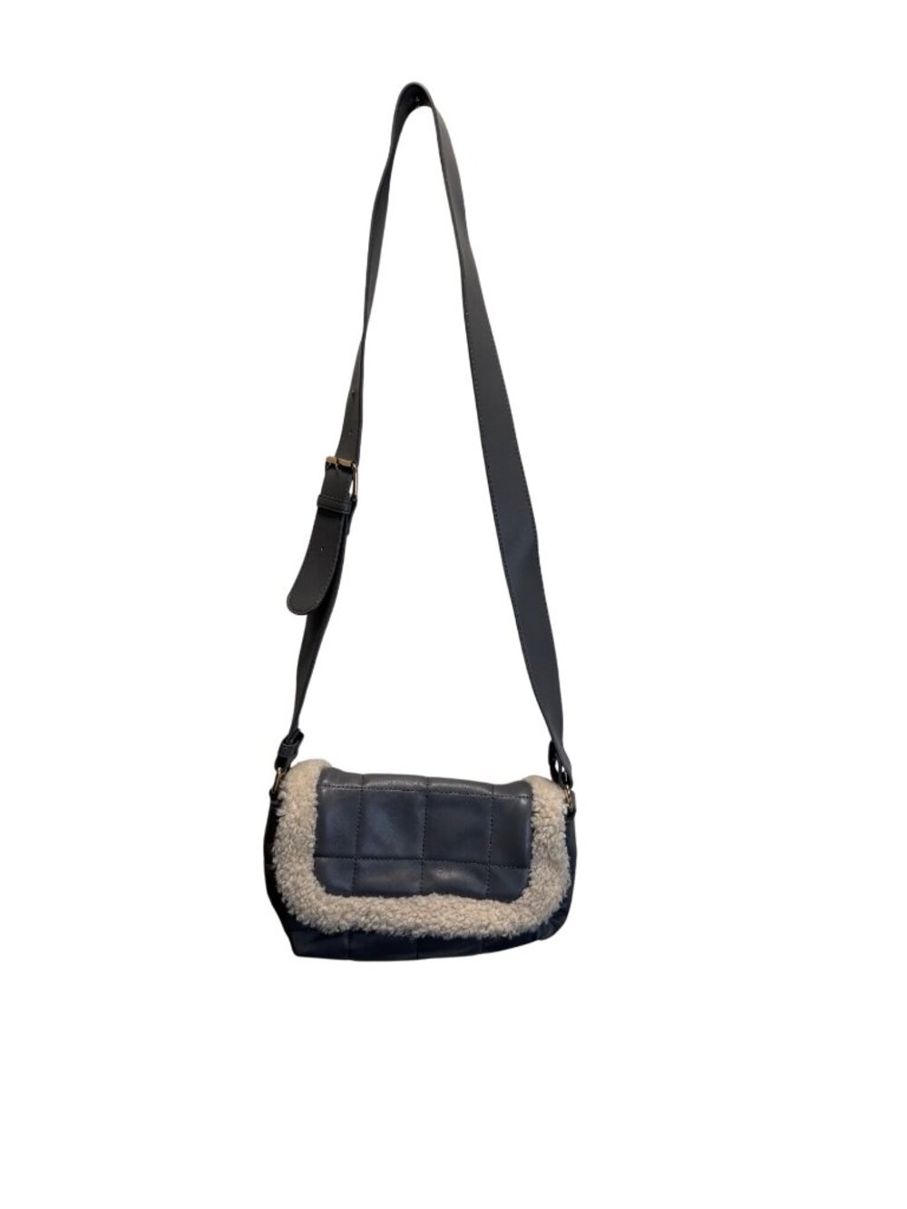 Like Dreams Gray Quilted Faux Leather Shoulder Bag With Shearling Trim & Adjusta